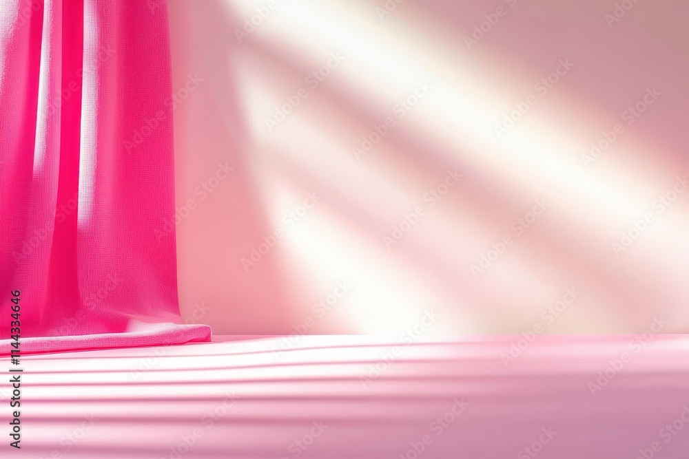 Poster pink fabric drapery with soft light and shadows on a minimal surface