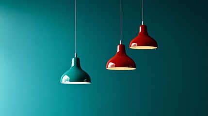 Obraz premium Minimalist hanging pendant lights in bold colors, suspended artistically against a rich teal wall for a striking contrast