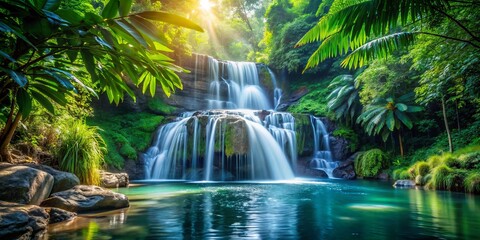 Serene Tropical Waterfall Close-Up: Lush Jungle Paradise Pool