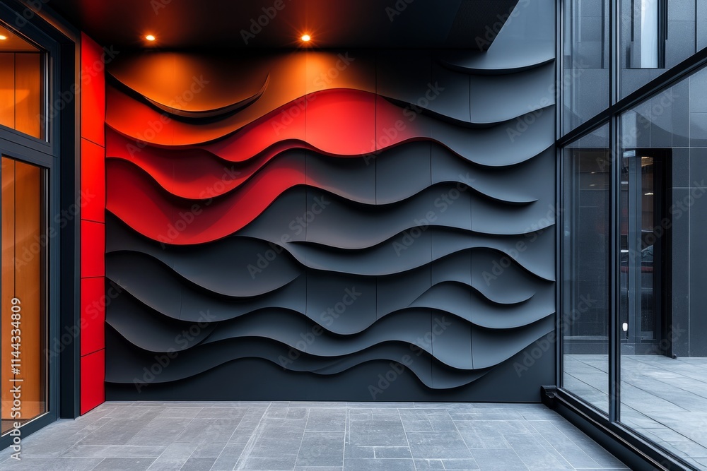 Poster architectural detail featuring a textured wall with a dynamic wave pattern, illuminated by warm ligh