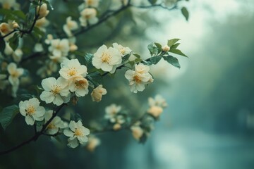Obraz premium Delicate white flowers blooming on a tree branch in spring, with a soft, blurred background and a tranquil, dreamy atmosphere