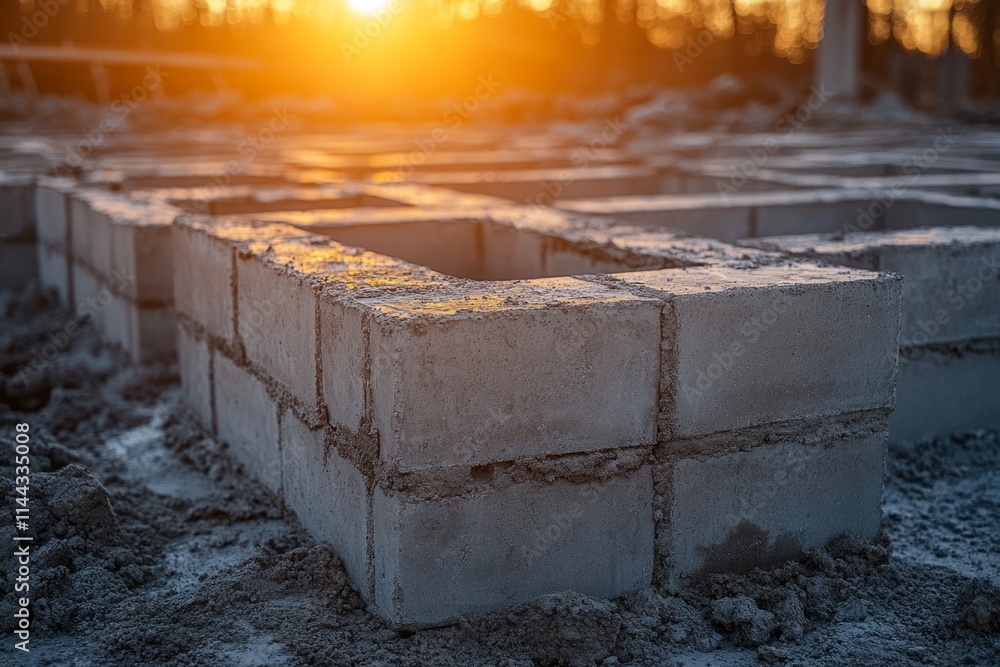 Aufkleber foundation of a building being constructed using concrete blocks at sunset, showcasing the initial s