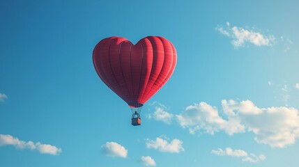 Fototapeta premium Red heart-shaped hot air balloon floats in a clear blue sky.