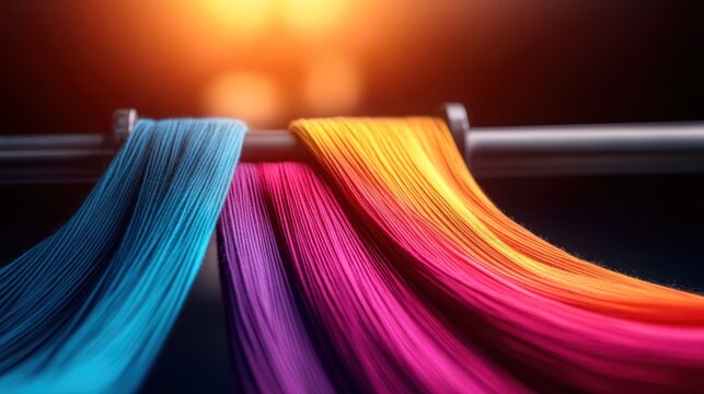Neatly arranged on a weaving tool, these colorful threads blend together harmoniously, embodying precision and the art of crafting in a vibrant artistic setting.