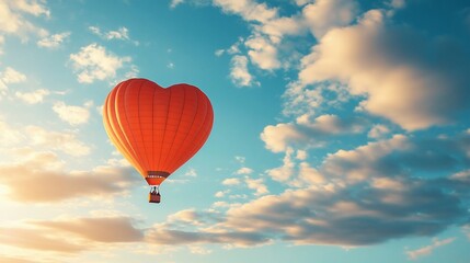 Naklejka premium Heart-shaped hot air balloon soaring in a vibrant sunset sky.