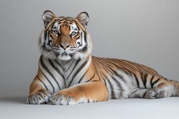 Obraz premium Majestic tiger resting gracefully on a light gray background, showcasing its vibrant orange and black stripes.
