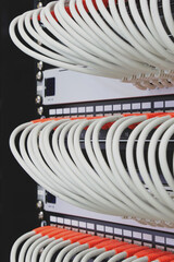 An Ethernet data switch with connected cables with an Rj45 connector.