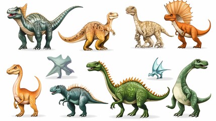 Illustrations of Various Dinosaurs in Different Poses and Colors Showcasing Unique Features Suitable for Educational and Creative Projects