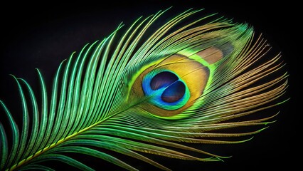 Obraz premium Single Green Peacock Feather Black Background - Rule of Thirds Photography
