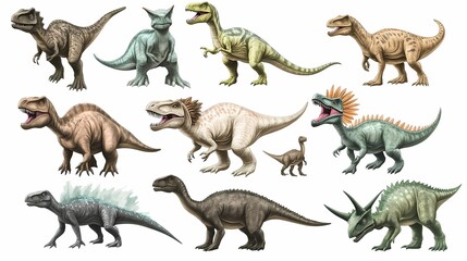 A Vibrant Collection of Anatomically Diverse Dinosaurs Featuring Various Species in Realistic Illustrations for Educational and Creative Purposes