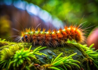 Slow Motion Furry Brown Caterpillar on Mossy Rocks - Close Up Macro Photography