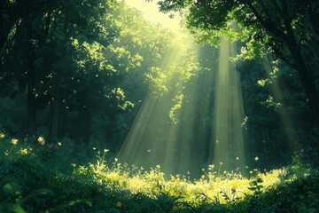 Obraz premium Bright sunbeams illuminate clearing with flowers in enchanting forest