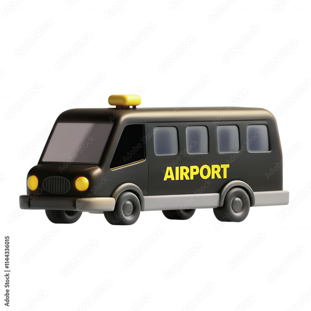 Poster a black and yellow airport shuttle bus model, designed in a 3d style with a smooth surface and round