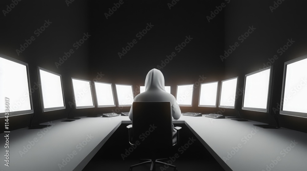 Poster hacker in hoodie at multiple monitors in dark room
