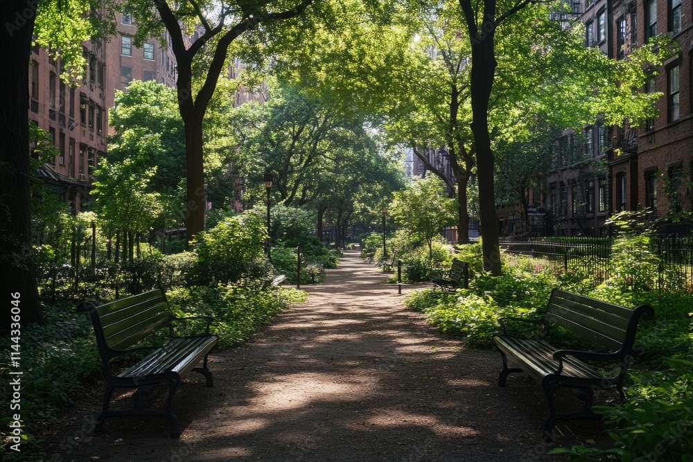 Poster sunlight filtering through trees illuminates a tranquil park path lined with benches