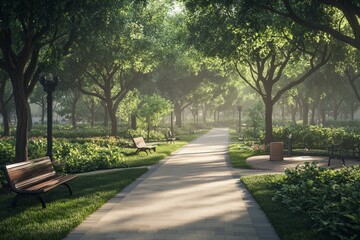 Obraz premium Paved path going through a green city park with benches and street lights on a sunny summer morning