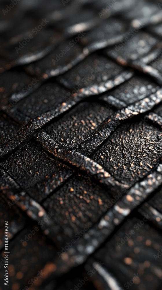 Poster close-up of a dark, textured material woven into a grid pattern, highlighting the intricate details 