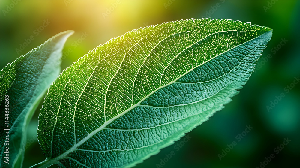 Wall mural Close-up of two vibrant green leaves with visible veins, illuminated by sunlight.