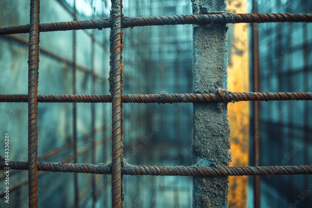 Aufkleber close-up of rusty rebar grid forming a structure within a construction site, showcasing building mat