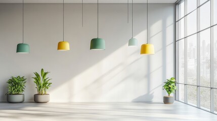 Modern colorful pendant lamps with a minimalist design, in muted tones of green and yellow, suspended in a spacious light room