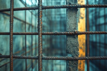 Close-up of rusty rebar grid forming a structure within a construction site, showcasing building materials and industrial processes