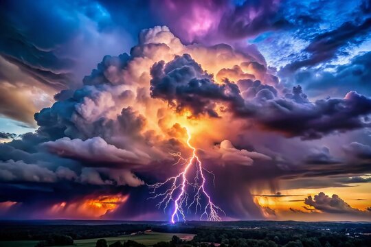 Dramatic Thundercloud Evening Sky, Low Light Photography, Stormy Night, Dark Clouds, Lightning Flash