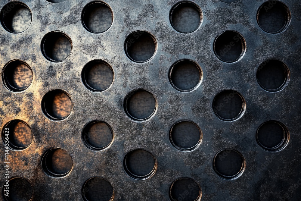 Poster metal surface with round holes forming a regular pattern, creating an industrial and textured backgr