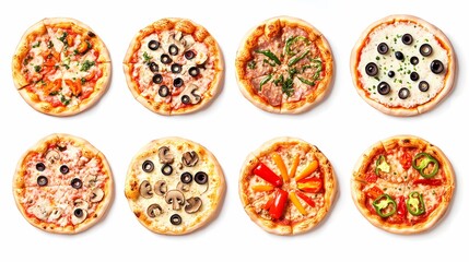 A Vibrant Array of Eight Delicious Pizza Varieties Featuring a Rainbow of Fresh Toppings Ideal for Culinary Themes, Menu Designs, and Food Promotions