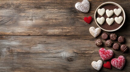 Assorted heart-shaped chocolates arranged on a rustic wooden surface.