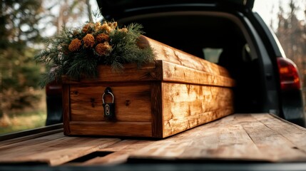 A rustic wooden coffin featuring a lock and adorned with a floral bouquet on top is prepared for transport in a vehicle, invoking themes of farewell and reverence.