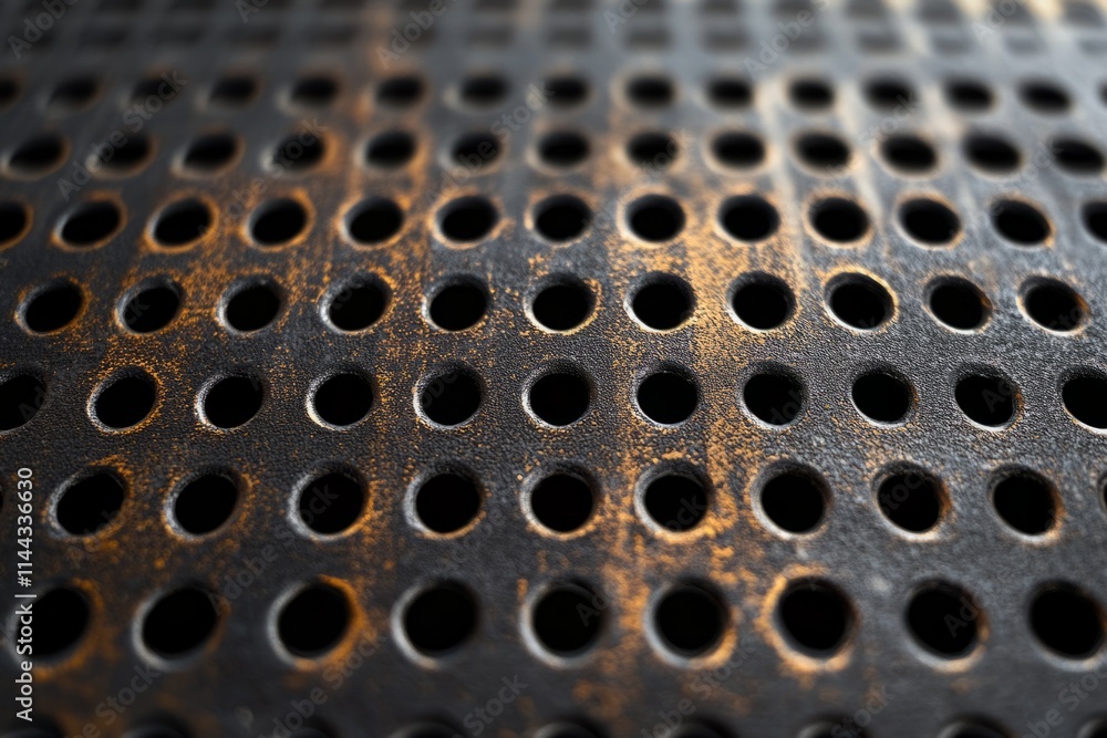 Aufkleber perforated metal surface with regular holes and rust creating an industrial textured background