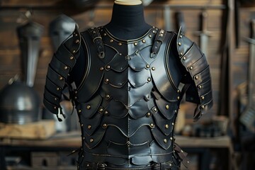 Black metal breastplate with pauldrons on mannequin standing in medieval workshop