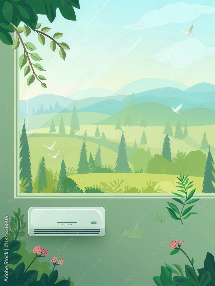 Aufkleber Wall mounted air conditioner with an open window showcasing a scenic view of green hills and nature. Generative AI