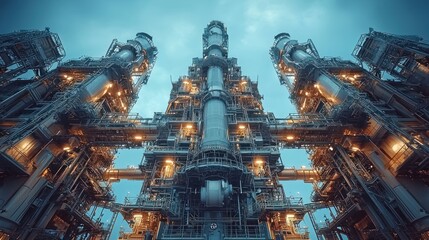 Naklejka premium Industrial Gigantic Structure: A Night View of a Petroleum Refinery