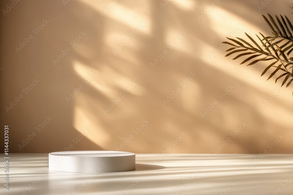 Poster minimalist display platform with soft shadows and natural elements
