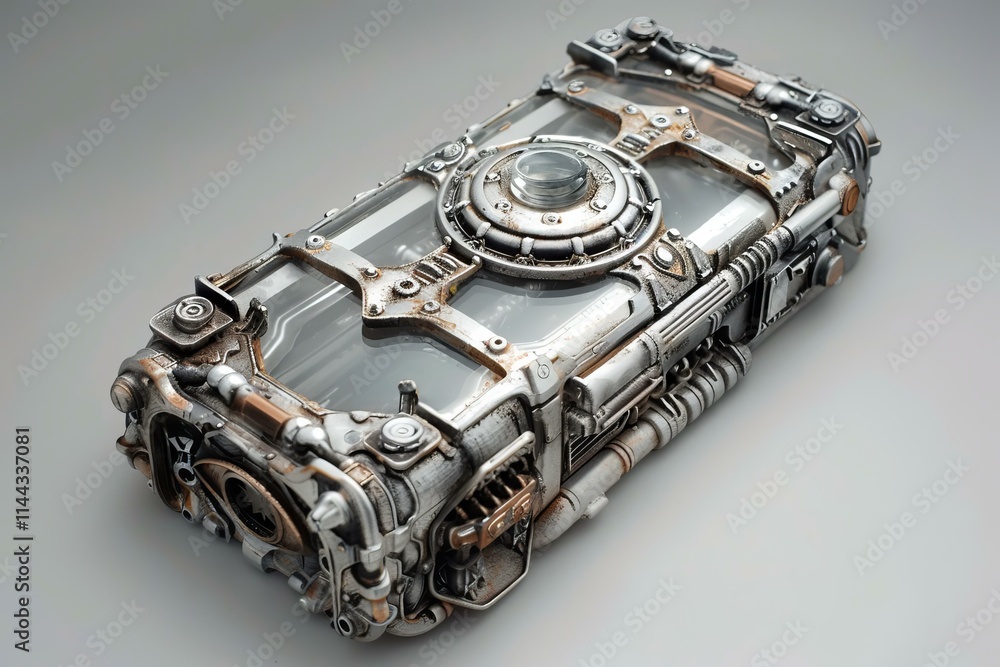 Poster steampunk metallic device with exposed gears and cogs is laying on a white surface