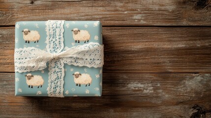 Fototapeta premium Rustic Gift Box with Sheep Patterned Wrapping Paper and Lace Ribbon on Wooden Background