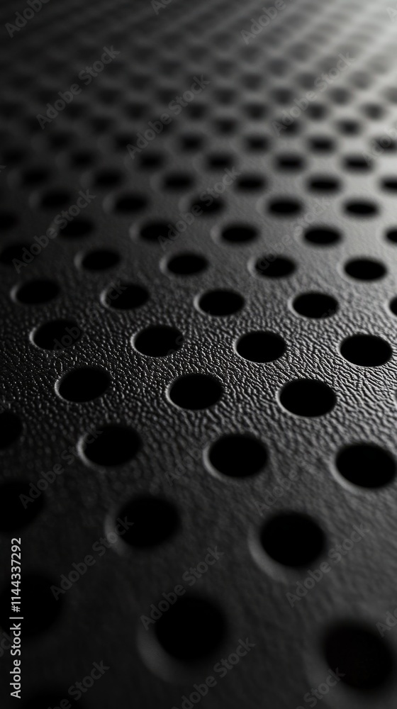 Poster dark perforated material showing a regular pattern of circular holes fading into the distance