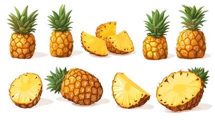 Vibrant and Fresh Pineapple Collection Featuring Whole Fruits, Slices, and Cross Sections Ideal for Use in Food, Culinary, Summer Themes, and Tropical Designs