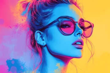 Obraz premium Stylish woman with sunglasses posing under vibrant, colorful lighting with paint splatter effect, creating a modern and trendy look
