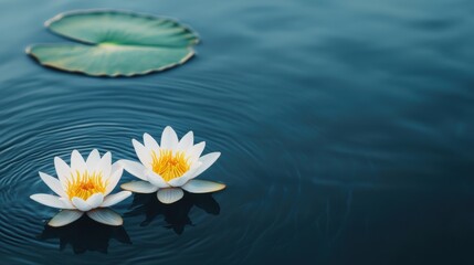 Beautiful water lilies floating on calm water with a lily pad nearby.