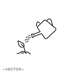 watering plant icon, agriculture garden, seed growth, thin line symbol isolated on white background, editable stroke eps 10 vector illustration