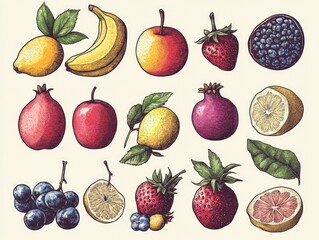 Drawing of various fruits and vegetables, including apples, oranges, bananas, and strawberries. The drawing has a whimsical and playful feel to it, with the fruits