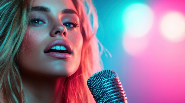 A mesmerizing portrait of a blonde singer holding a microphone, surrounded by colorful lights that highlight her intense expression and captivating presence.