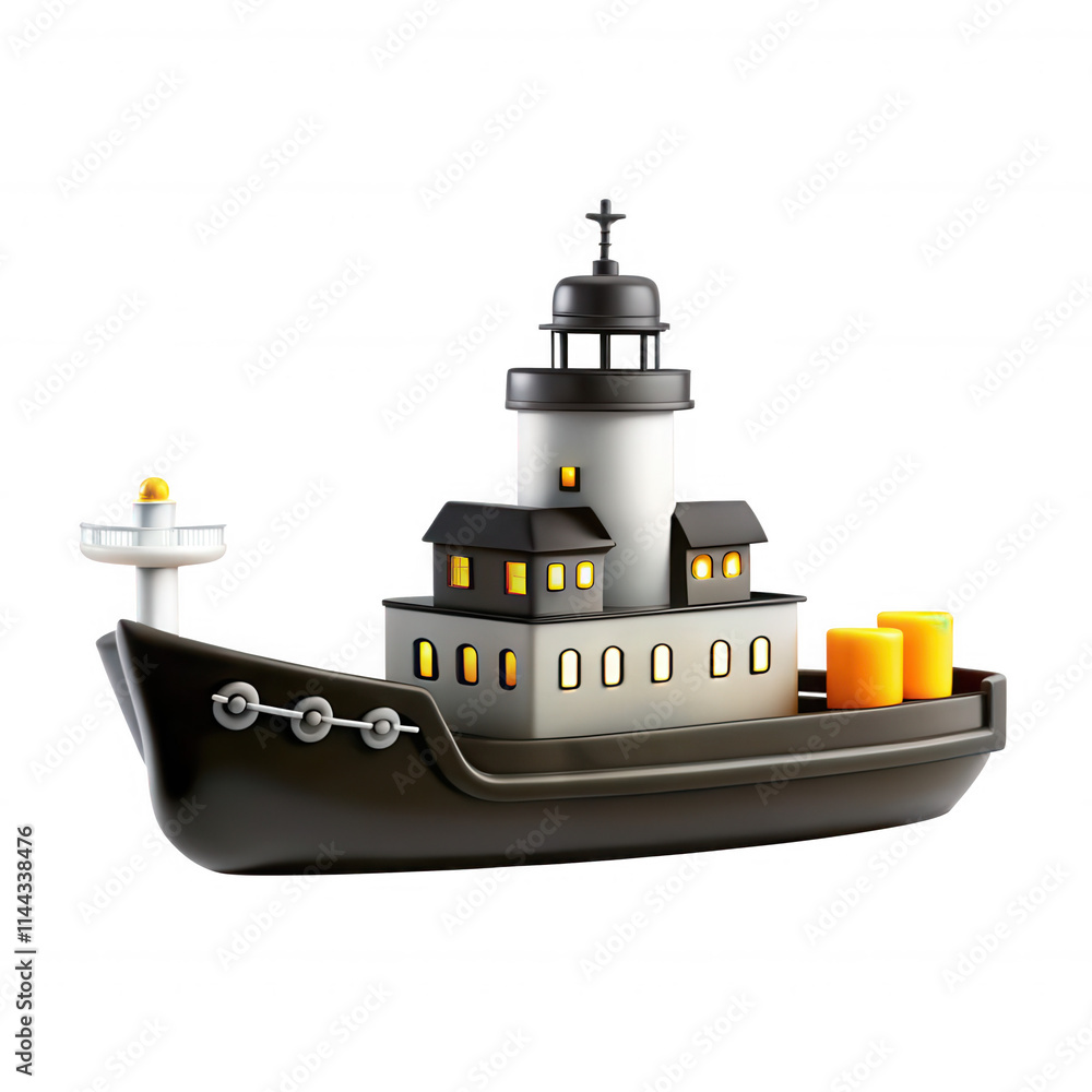 Poster a stylized 3d model of a tugboat rendered with simple shapes and vibrant colors, showcasing a classi