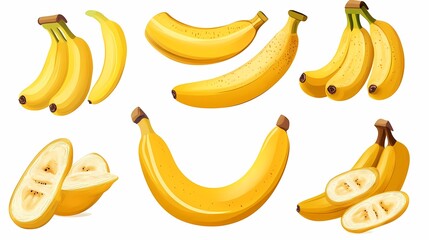 A Collection of Fresh Bananas Featuring Various Shapes, Sizes, and Cuts Highlighting the Bright Yellow Color and Tropical Vibe for Use in Design Projects or Culinary Themes