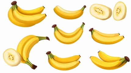 A Colorful Array of Fresh Bananas Including Whole and Sliced Pieces Against a White Background for Healthy Food Concepts and Nutrition Themes