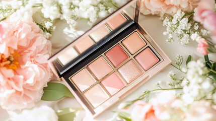 beautifully arranged makeup palette surrounded by soft flowers, showcasing variety of shades perfect for bridal looks. delicate floral backdrop enhances elegance of palette