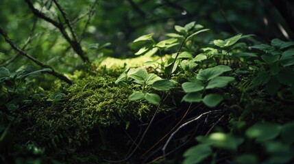Fototapeta premium Close-up of a mossy forest floor, covered in lush green vegetation. The dampness of the ground creates an atmosphere of tranquility and natural beauty.