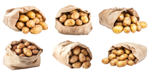Set of Paper bag full of potatoes potatoes vegetables produce isolated on transparent background, cut out, PNG